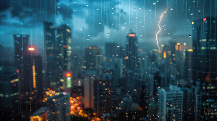 Lightning and Rain Over City Skyline at Night