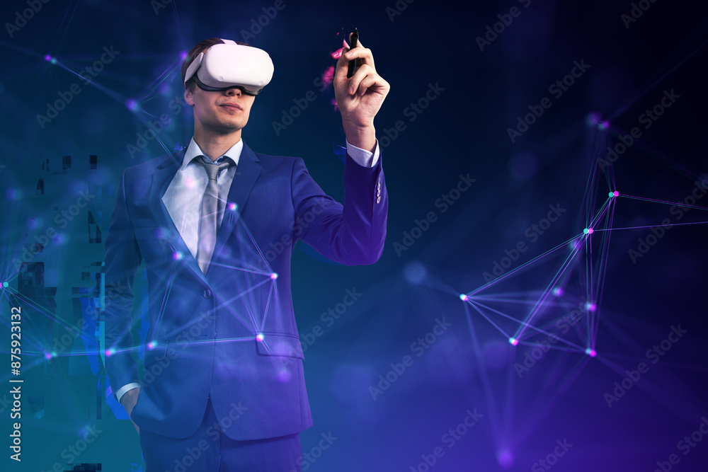 Poster a man in a business suit using virtual reality headset on a digital interface background, concept of