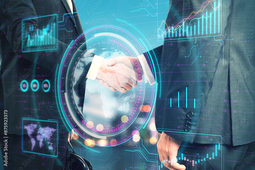 Poster two businessmen shaking hands with futuristic digital overlays including graphs and a world map on b