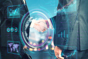 Two businessmen shaking hands with futuristic digital overlays including graphs and a world map on blue background, concept of technology in business