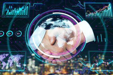 Two hands in a handshake overlaid with futuristic digital graphics, on a dark electronic circuit board background, concept of digital partnership