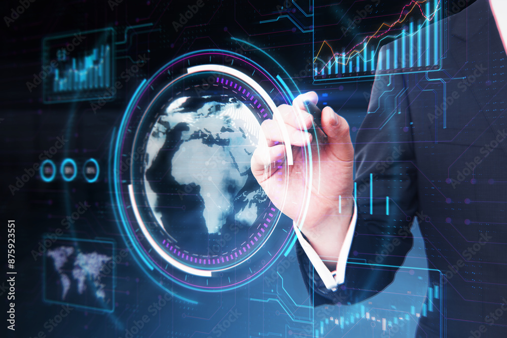 Poster A hand with a pen interacting with futuristic digital interfaces, displaying global data and statistics on a dark background, concept of technology