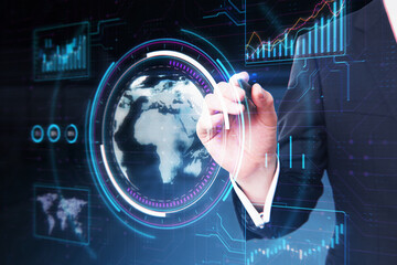 A hand with a pen interacting with futuristic digital interfaces, displaying global data and statistics on a dark background, concept of technology