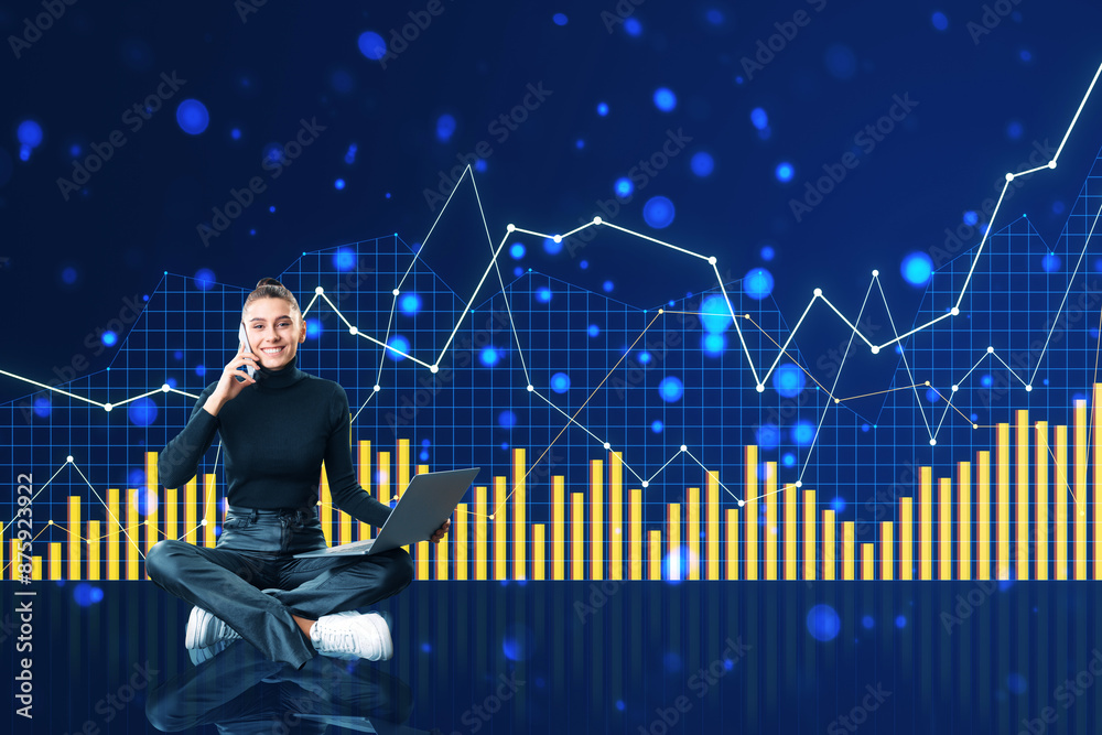 Poster A woman using a laptop and phone in front of a digital background with glowing graphs representing growth and analysis