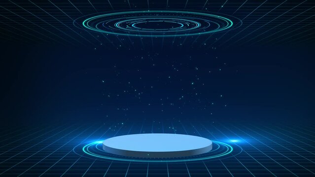 Sci-Fi Deep cyber stage podium Futuristic HUD hologram showcase platform for product displaying. Empty modern stage display. Product corporate promotion. science, stage frame, platform news studio