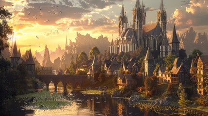 Fototapeta premium Realistic Fantasy Village with Wildlife Ambiance