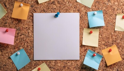 A blank white paper sheet pinned to a cork board with colorful notes around it.