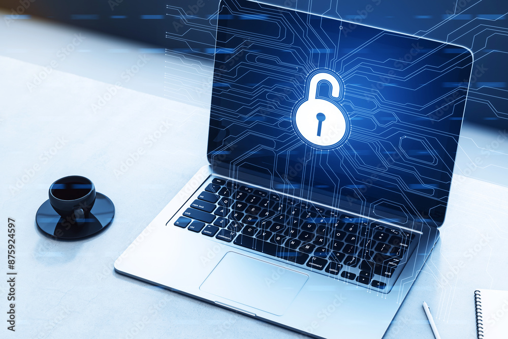 Poster laptop with a digital security concept padlock on the screen, tech background, cybersecurity concept