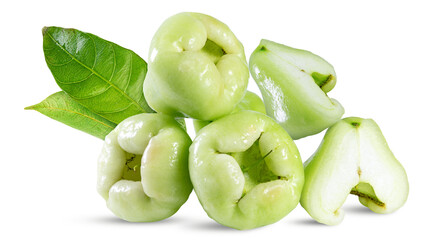 Fresh green wax apple or water apple fruits with leaves on a white background