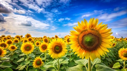 Fototapeta premium A sunflower field with a blue sky background and room for text. 
