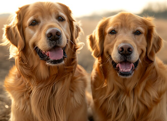 Two golden retrievers are sitting next to each other, both with their mouths open and tongues hanging out