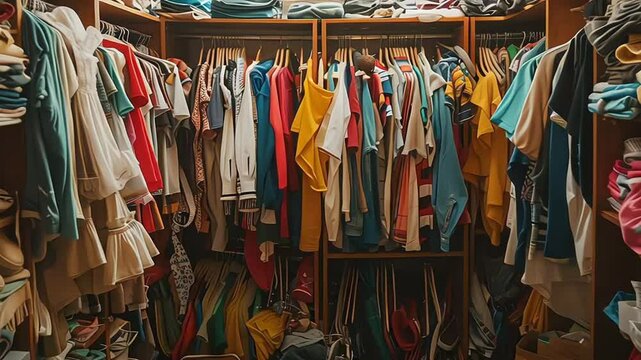 Pile of messy clothes in closet. Untidy cluttered woman wardrobe
