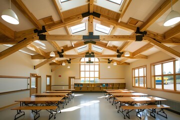 A ceiling with wooden beams and skylights, allowing natural light to flood the classroom.