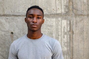 Obraz premium Man In Grey Shirt. African American Male Model Wearing Plain Grey T-Shirt