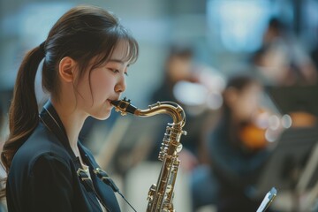 Music Student. Female Student Playing Saxophone in High School Orchestra Band
