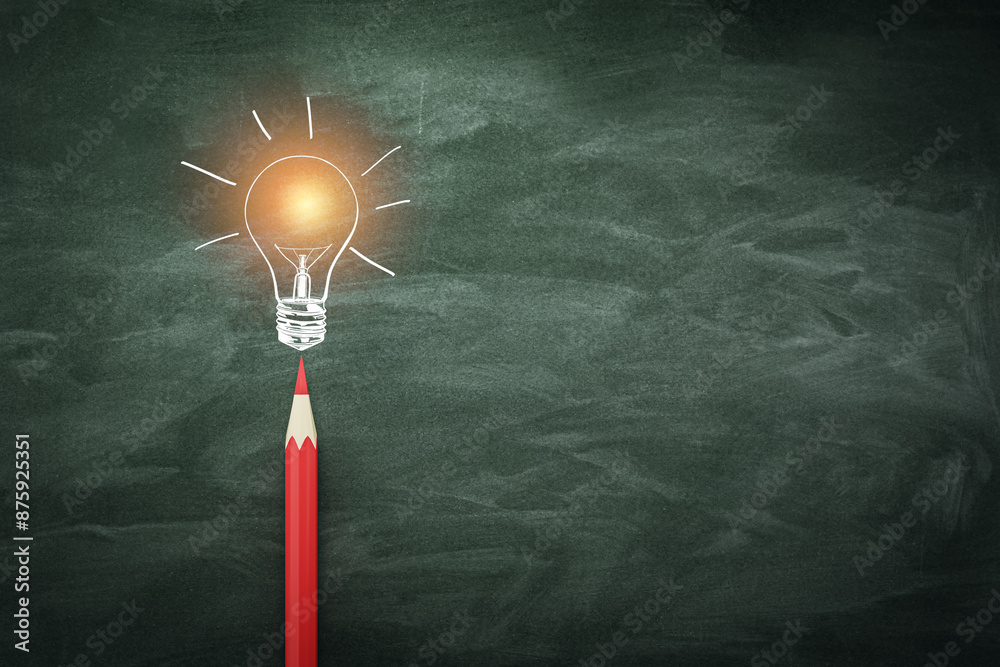 Poster a bright light bulb glowing above a red pencil on a blackboard background, symbolizing idea and crea
