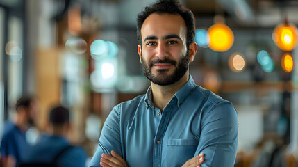 Digital Marketing: An Arab digital marketer in a bustling office, leading a business strategy session on social media campaigns and online presence