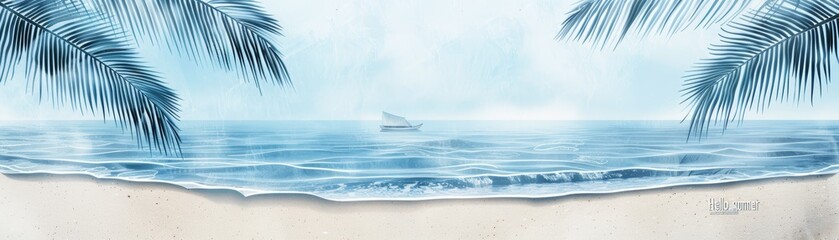 Fototapeta premium Palm trees frame a serene beach scene with gentle waves lapping at the shore.