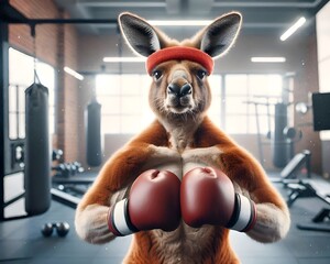 A kangaroo boxing with gloves and a headband, training in a gym. Generative AI