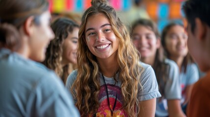 Fototapeta premium Smiling young woman with long brown hair, in a group of people, looking directly at the camera.