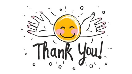 Hand drawn, simple line art drawing of the text " Tahnk you" with a smily face, vector graphic