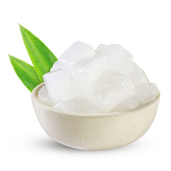 Coconut gel cubes in a ceramic bowl isolated on white background