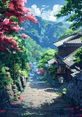 Obraz premium Traditional Japanese Village Landscape Illustration
