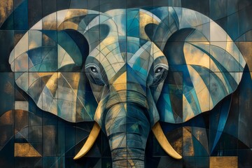 vibrant and dynamic abstract artwork of an animal feature a harmonious blend of bold colors such as blues, greens, and touches of gold, with fluid, sweeping lines and geometric shapes