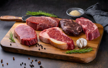 Variety of Raw Black Angus Prime meat steaks Machete, Blade on bone, Striploin, Rib eye, Ten. Generative AI.