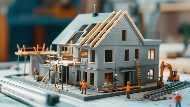 building house on blueprints with worker - construction project