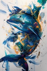beautiful vibrant and dynamic abstract artwork of an animal feature a harmonious blend of bold colors such as blues, greens, and touches of gold, with fluid, sweeping lines and geometric shapes