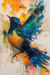Fototapeta premium bird beautiful vibrant and dynamic abstract artwork of an animal feature a harmonious blend of bold colors such as blues, greens, and touches of gold, with fluid, sweeping lines and geometric shapes