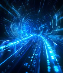 Blue digital tunnel of glowing dots and lines of code