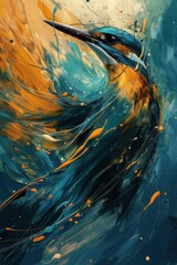 kingfisher bird beautiful vibrant and dynamic abstract artwork of an animal feature a harmonious blend of bold colors such as blues, greens, and touches of gold, with fluid