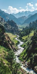 Mountain river in a valley with large rocks and green trees under a blue sky with white clouds