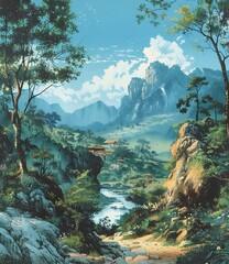 fantasy landscape painting of a valley with a river running through it