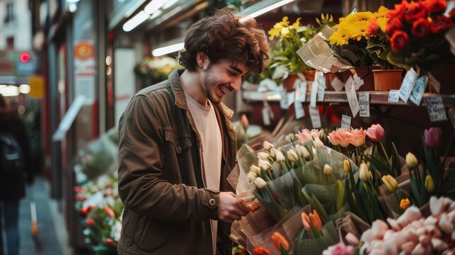 Young man buying plants at flower shop on the street.