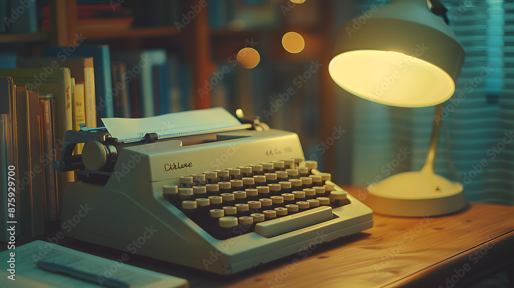Fototapete a typewriter sits on a desk with a lamp shining on it