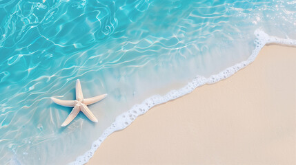 Clear Water Beach with Starfish Close-Up. Tropical Shoreline Scene