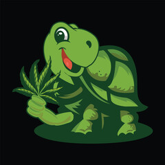 tortoise happy with weed leaf in one hand