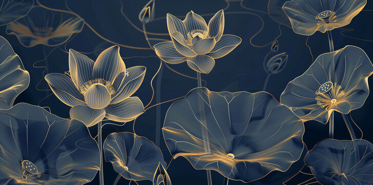 Fototapeta 3D wallpaper, lotus flowers and leaves in gold line art on a dark blue background, luxury design for a wall mural in the style of Chinese water lilies with transparent petals,
