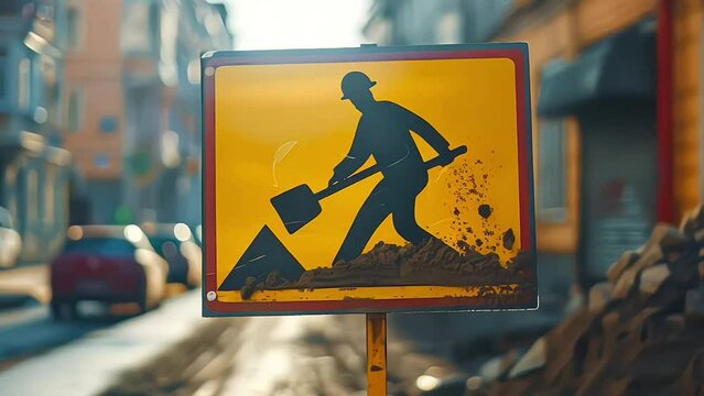 Yellow digging road work sign near construction site on footpath