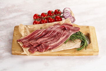 Raw beef bacon for cooking