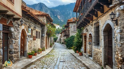 Fototapeta premium Stone houses with red tile roofs and cobblestone street in a small Greek village