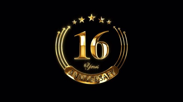 Happy 16th Anniversary Celebration. Golden 16 Years Anniversary Animation in Gold Color on the Transparent Background, Alpha Channel. Great for greetings, celebrations, events, and gifts.