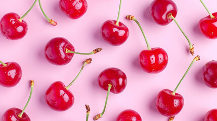 Fresh Cherries Pink Background. Juicy and Vibrant Cherry Pattern