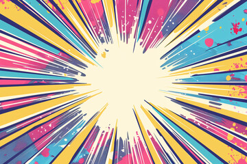 Fototapeta premium Dynamic starburst with vivid colors radiating from a white center, enhanced with comic-style splatters and dots
