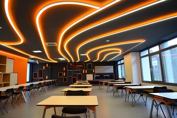 A ceiling with LED strips forming abstract patterns, adding a futuristic vibe to the classroom.