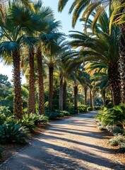 Fototapeta premium Palm Tree Lined Pathway in a Garden