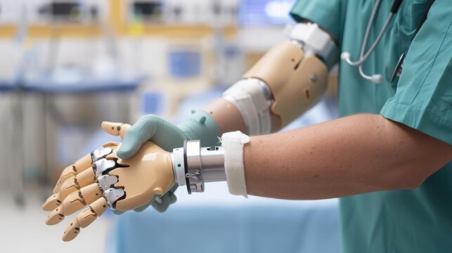 Doctor adjusting a patient's arm prosthesis in a medical facility, showcasing advanced healthcare and modern prosthetic technology.